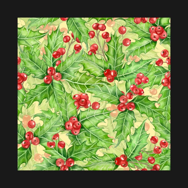 Holly berry watercolor Christmas pattern by katerinamk