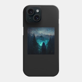 Black hooded witch in a forest with magical blue stars in the sky Phone Case