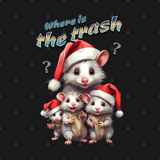 Funny Santa Opossums looking for trash by BrisaArtPrints