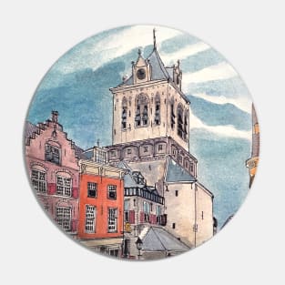 Cityhall Delft Netherlands Watercolor Illustration Pin