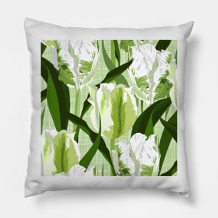 Large white / green parrot tulips on linen texture Pillow