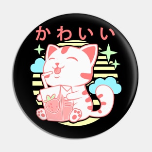 Kawaii Aesthetics Japanese Strawberry Milk Shake かわいい Cat - Pink - Strawberry Milk Pin