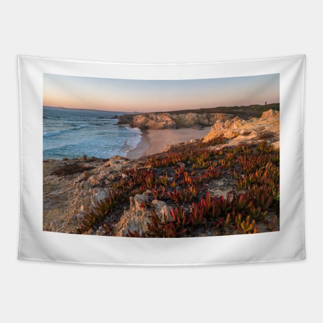 Sunset in beach with rocks in Porto Covo in Alentejo, Portugal Tapestry by AnaMOMarques