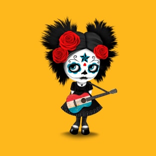 Sugar Skull Girl Playing Luxembourg Flag Guitar T-Shirt