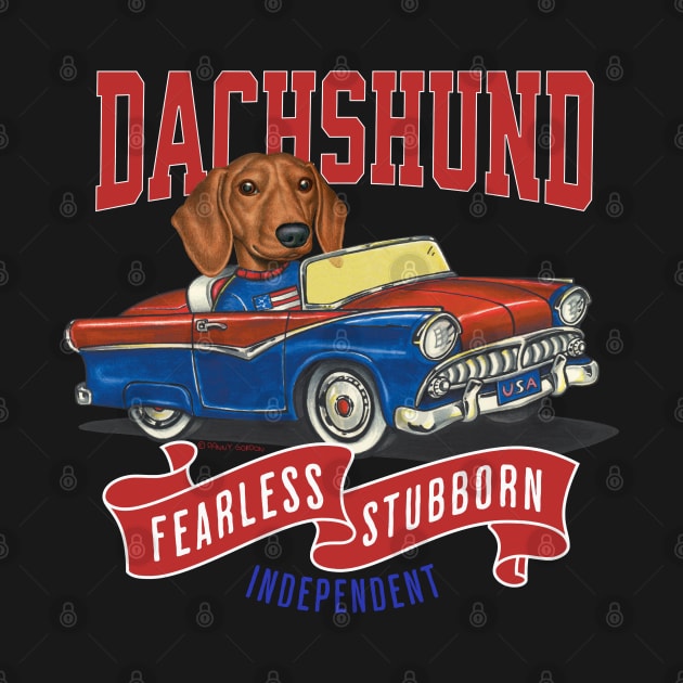 Humor Funny and Cute Doxie Dachshund dog driving a Vintage car with classic red white and blue flags for a retro parade by Danny Gordon Art