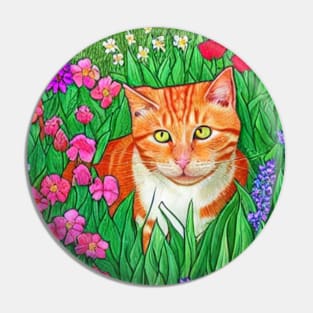 Orange Cat on Flowers Pin