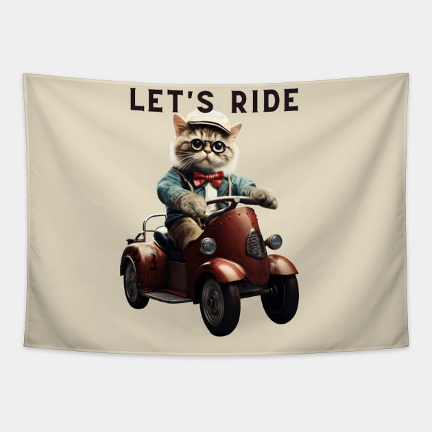 Let's Ride Retro Cat Design | Vintage Cat Lover Tapestry by KittyStampedeCo