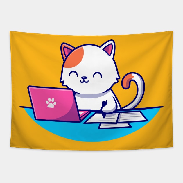 Cute Cat Working Laptop And Writing On Paper Tapestry by Catalyst Labs