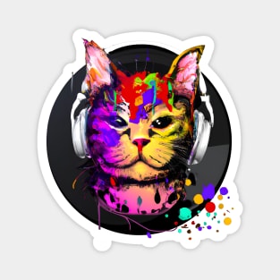 Colorful cat with headphones Magnet