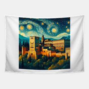 Alhambra, Granada, Spain, in the style of Vincent van Gogh's Starry Night Tapestry