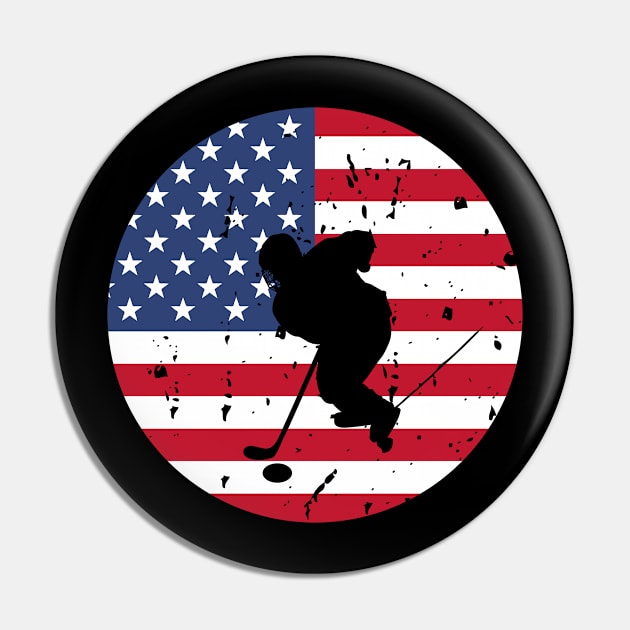 American Flag and Ice Hockey Player Silhouette, A silhouette of an ice hockey player overlaid on a distressed American flag, encapsulating patriotism and sportsmanship. Pin by All About Midnight Co