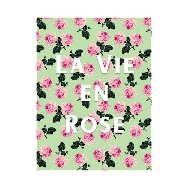 La Vie En Rose - scattered pink vintage roses on green, pink tee by bettyretro