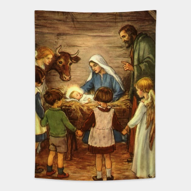 Vintage Christmas Nativity Scene Tapestry by MasterpieceCafe