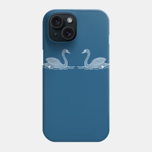 Beautiful Swan Birds in Love - water bird drawing - on dark blue Phone Case