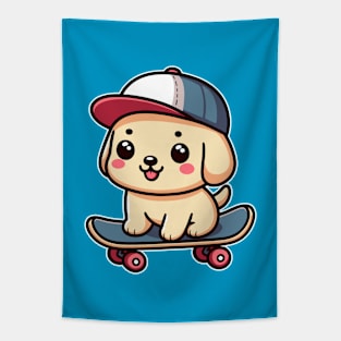 Kawaii Labrador Retriever Puppy On A Skateboard Cute Skater Dog Tapestry