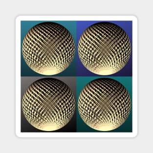 Elegant golden spheres in 3d optic on blue, turquoise, teal pop art backgrounds. Magnet