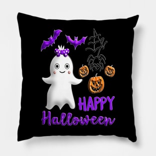 Pumpkin baby girl ghost Kawaii bat spider Happy Halloween violet orange black dots ribbon 3D tridimensional 317 Pillow