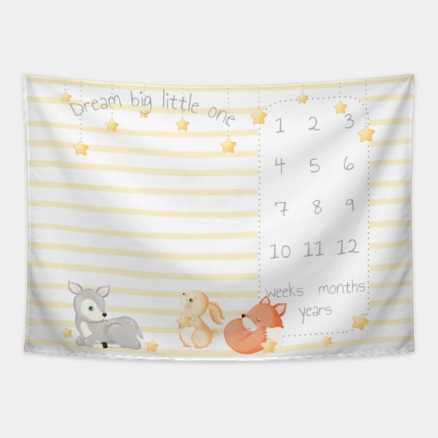 for baby newborn blanket milestone, stars and cute little animals, baby animals, deer hare rabbit fox Tapestry by IriSev