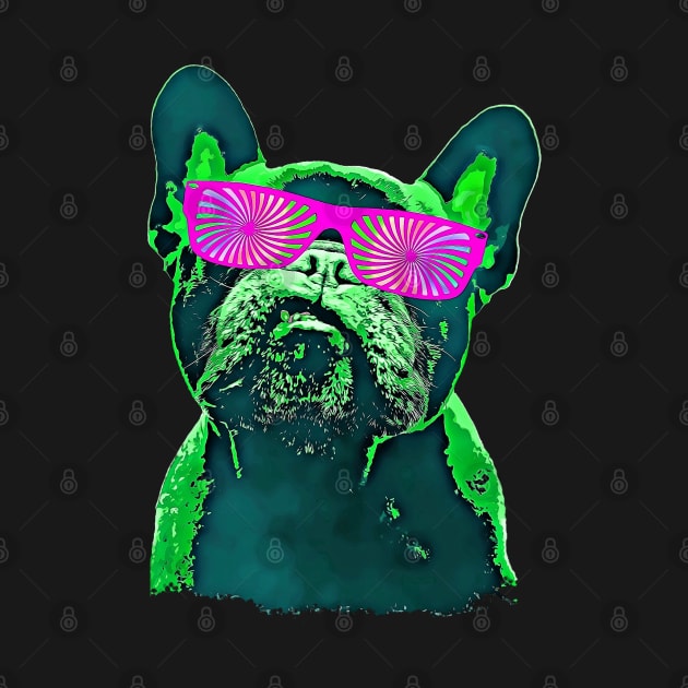 French bulldog 80s style neon with red psychelic glasses by Collagedream