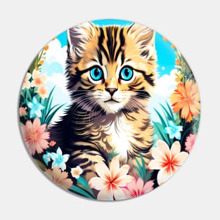 Tiger Striped Kitten Surrounded by Spring Flowers Pin