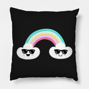 Happy Clouds Wearing Sunglasses With a Rainbow Pillow