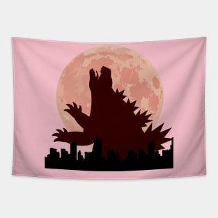 Godzilla in the city under the eerie red moonlight   Experience the epic clash of Godzilla in the city under the eerie red moonlight Tapestry