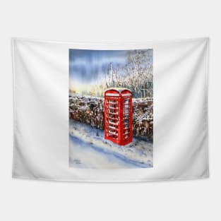 Red telephone box in the snow Tapestry