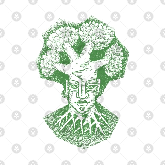 Forest God Soul Expression with Side Profile of a Man and His Head with Leafy Tree Branches Hand Drawn Illustration with Pen and Ink Cross Hatching Technique 1 by GeeTee