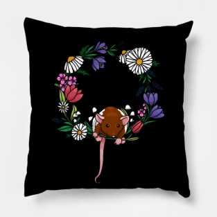 Rat with a spring floral wreath Pillow