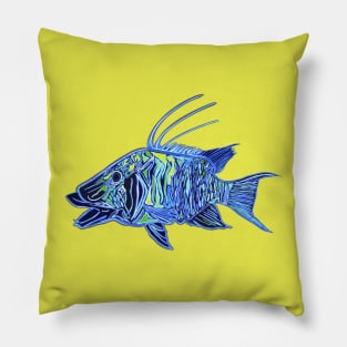 Neon Blue Green Hogfish - funky fish design Pillow