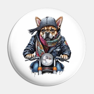 dog wearing a jacket hat and a scarf on a motorcycle Pin