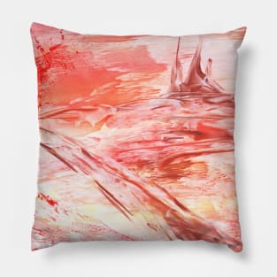 Red landscape with a castle. Encaustic, art decoration, sketch. Pillow