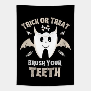 Trick or Treat Brush Your Teeth - Cute Tooth with Bat Wings and Devil Horns Tapestry