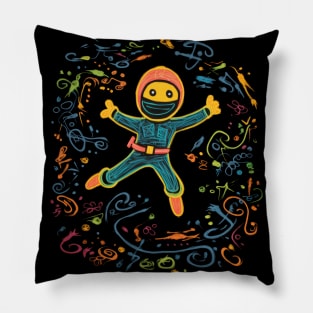 Colorful Ninja Chalk Drawing: Vibrant Yellow, Blue, Orange & Pink Colors Pillow