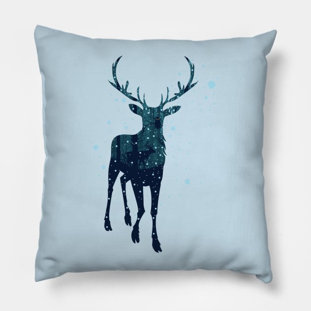 Snowy Winter Forest and Deer Pillow by AnnArtshock