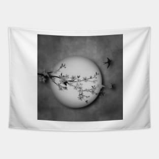 Cherry Blossom Moon In Black and White Tapestry