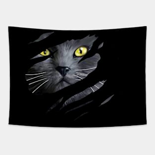 Grey Cat tearing through, Love Cats Tapestry