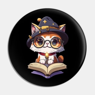 Cute Magical Cat with a Spellbook - Adorable Magic Cat Cartoon Pin