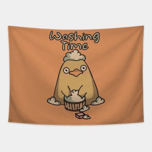 Yellow Chick-Washing Time (gray) Tapestry