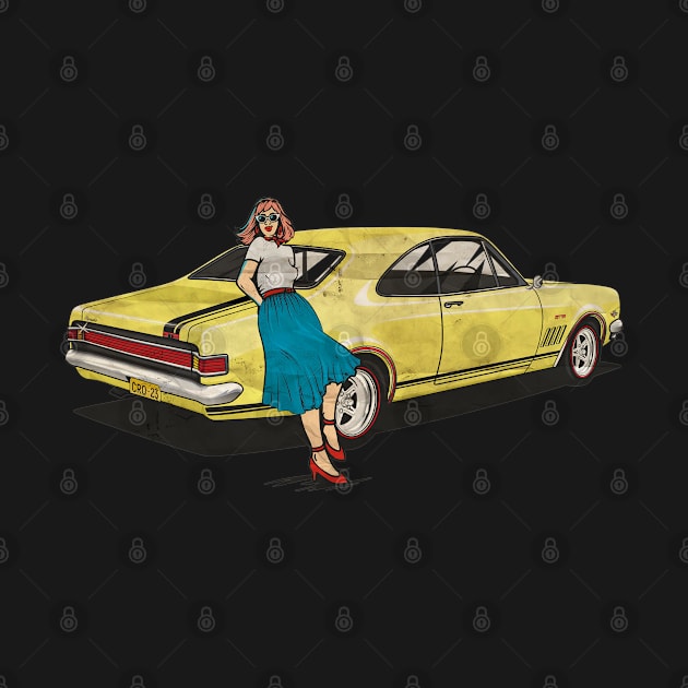 vintage yellow car and woman by ROTI BOSOQ