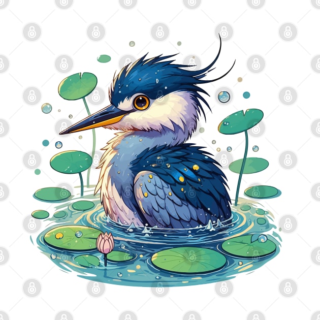 Kawaii Anime Heron Bath With Water Lily by TomFrontierArt