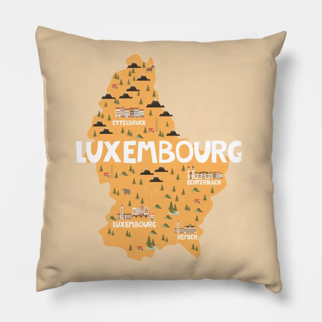 Luxembourg Illustrated Map Pillow by JunkyDotCom