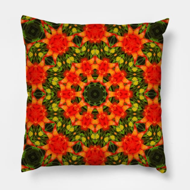 Mandala Kaleidoscope in Shades of Red and Green Pillow by Crystal Butterfly Creations