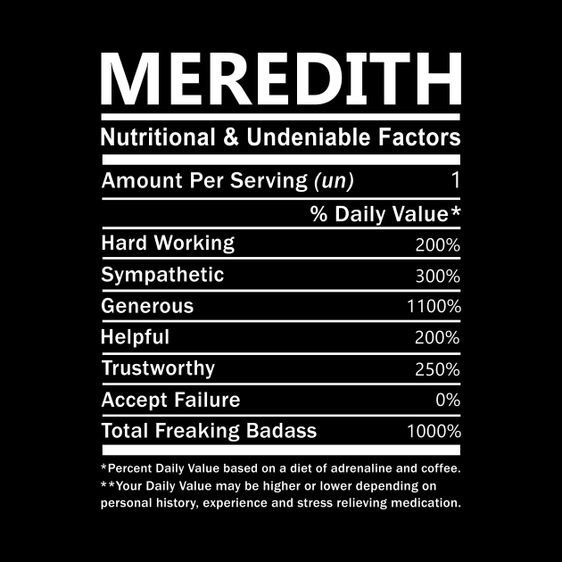 Meredith Name T Shirt - Meredith Nutritional and Undeniable Name Factors Gift Item Tee by nikitak4um