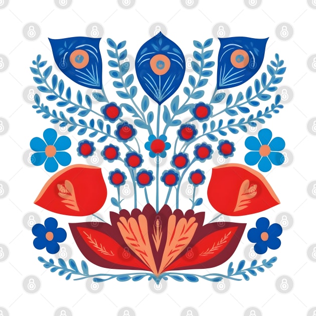 Blue and red floral scandinavian folk art by craftydesigns