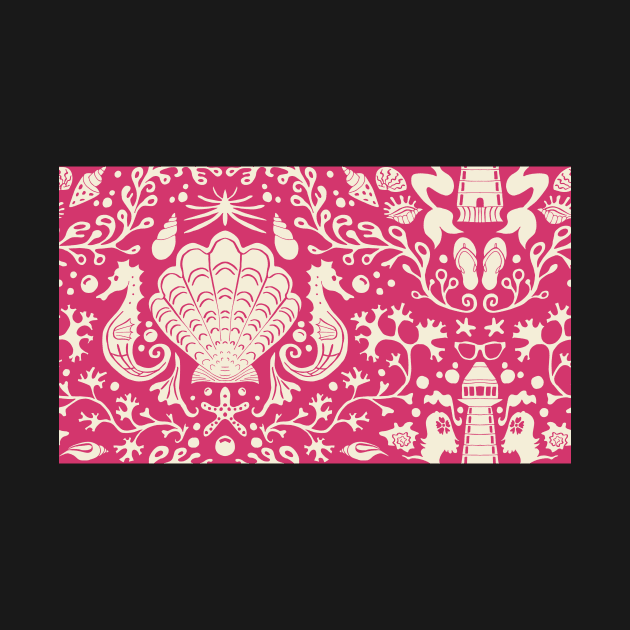 raspberry pink summer beach damask pattern with seashells by colorofmagic