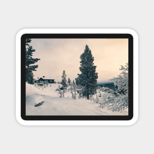 Wintertime - Cabin in Snow-Covered Scandinavian Winter Landscape Magnet