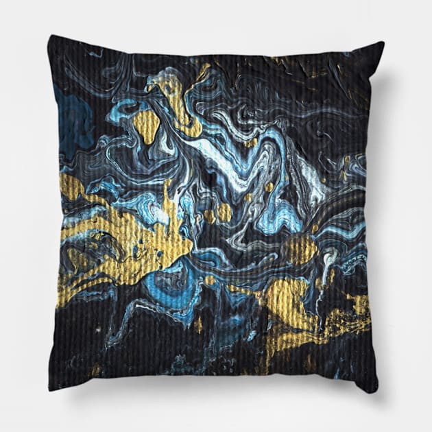 Liquid art. Abstract black-blue-gold background with hand-painted marble texture. Best for the print, fabric, poster, wallpaper, cover and packaging, wrapping paper. Christmas holiday mood. Pillow by Olesya Pugach