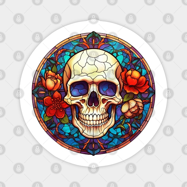 Stained Glass Floral Skull #4 Magnet by Chromatic Fusion Studio