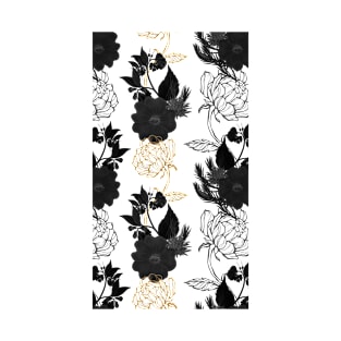 Hand Drawn Black And Gold Flower Patterned T-Shirt